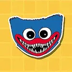 Ilustrație cu un chip albastru cu ochi mari, zâmbet larg și dinți ascuțiți, pe un fundal galben pătrat