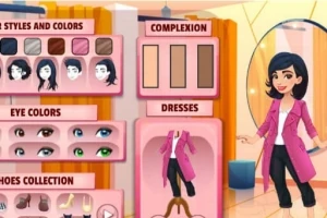 Ecran de personalizare a unui personaj cu opțiuni pentru stilul părului, culoarea ochilor, colecția de pantofi și ten, alături de o ilustrație a unui personaj purtând un pardesiu roz
