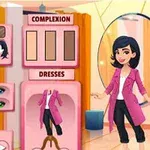 Ecran de personalizare a unui personaj cu opțiuni pentru stilul părului, culoarea ochilor, colecția de pantofi și ten, alături de o ilustrație a unui personaj purtând un pardesiu roz