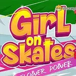 Fată cu cască și role roz, ținând flori în timp ce patinează, cu text colorat în fundal