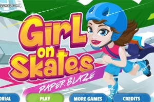 Fată zâmbitoare pe role, purtând cască albastră, cu un logo colorat Girl on Skates: Paper Blaze în fundal