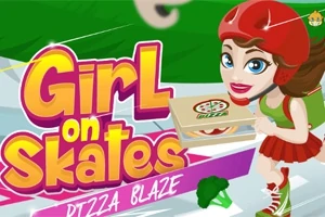 O fată pe role poartă o cască roșie și ține o cutie de pizza, iar alături se găsește textul Girl on Skates și Pizza Blaze