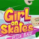 O fată pe role poartă o cască roșie și ține o cutie de pizza, iar alături se găsește textul Girl on Skates și Pizza Blaze