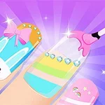 Unghii decorate colorat cu model de iepuraș, dungi colorate și rhinestones, pe un fundal mov, cu o pensulă aplicând ojă roz