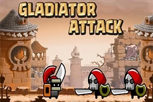 Un peisaj de luptă cu gladiatori desen animat, cu două personaje având săbii și scuturi, pe fundalul unui oraș antic în ruine