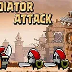 Un peisaj de luptă cu gladiatori desen animat, cu două personaje având săbii și scuturi, pe fundalul unui oraș antic în ruine