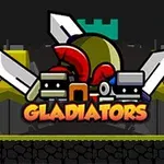 Logo colorat cu săbii și o cască de gladiator pe un fundal de fortăreață