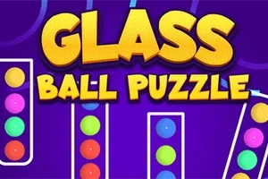 Textul „Glass Ball Puzzle” pe un fundal mov cu coloane de bile colorate