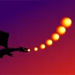 Silueta unui dragon care suflă bile de foc într-un fundal cu nuanțe de violet și portocaliu