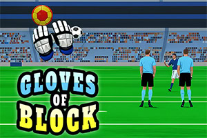 Un teren de fotbal cu două personaje îmbrăcate în albastru, o minge stilizată cu mănuși și textul Gloves of Block pe fundal