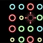 Cercuri colorate dispuse într-un model geometric pe un fundal negru