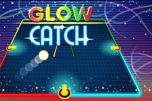 Grafică neon colorată cu titlul Glow Catch pe un fundal tematic spațial cu linii și stele