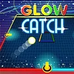 Grafică neon colorată cu titlul Glow Catch pe un fundal tematic spațial cu linii și stele