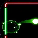 Minge verde luminoasă urmărind o traiectorie curbată într-un dreptunghi roșu și verde, cu numărul 34 în fundal