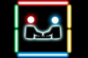 Două figurine stilizate interacționând cu un controler în centrul unui cadru pătrat din linii luminoase colorate