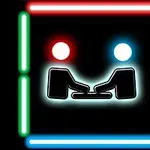 Două figurine stilizate interacționând cu un controler în centrul unui cadru pătrat din linii luminoase colorate