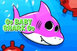 Rechin roz desenat cu fundal albastru și inscripția „Go BABY SHARK Go”