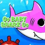 Rechin roz desenat cu fundal albastru și inscripția „Go BABY SHARK Go”