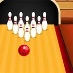 Mingea de bowling roșie se îndreaptă spre un grup de popice albe pe o pistă de lemn