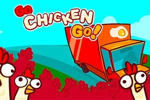 Pui desen animat privind o camionetă roșie pe un drum verde, cu textul Go Chicken Go deasupra