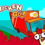 Pui desen animat privind o camionetă roșie pe un drum verde, cu textul Go Chicken Go deasupra
