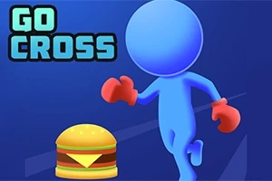 Figurină albastră cu mănuși roșii și un hamburger pe un fundal albastru, cu textul Go Cross