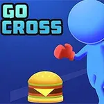 Figurină albastră cu mănuși roșii și un hamburger pe un fundal albastru, cu textul Go Cross