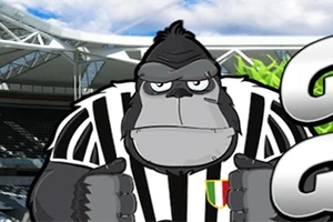 Gorilă animată purtând un tricou sport în dungi albe și negre, cu un stadion în fundal