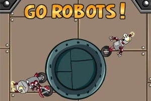 Doi roboți cu roți în loc de picioare se află pe un fundal metalic, cu inscripția GO ROBOTS!
