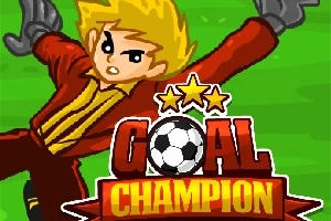 Un portar de desene animate cu păr blond, într-un echipament roșu, se întinde pentru a prinde o minge pe un teren verde, având în prim plan textul Goal Champion cu trei stele deasupra