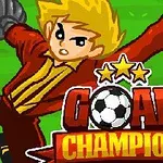 Un portar de desene animate cu păr blond, într-un echipament roșu, se întinde pentru a prinde o minge pe un teren verde, având în prim plan textul Goal Champion cu trei stele deasupra
