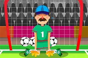 Un portar animat, îmbrăcat în echipament verde și albastru, stă în genunchi în fața unei porți de fotbal cu mai multe mingi de fotbal în spate