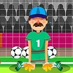 Un portar animat, îmbrăcat în echipament verde și albastru, stă în genunchi în fața unei porți de fotbal cu mai multe mingi de fotbal în spate