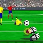 Un jucător de fotbal în echipament galben alunecă spre o minge în timp ce un alt jucător și o pereche de mănuși de portar sunt vizibile pe un teren verde