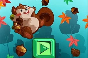 Veveriță fericită înconjurată de ghinde și frunze colorate pe un fundal albastru, cu un buton verde de play în centrul imaginii