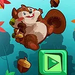 Veveriță fericită înconjurată de ghinde și frunze colorate pe un fundal albastru, cu un buton verde de play în centrul imaginii