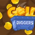 Textul Gold Diggers pe un fundal de mină cu bucăți de aur