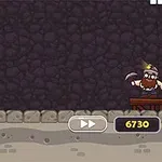 Un personaj îmbrăcat în viking stă într-o mină lângă blocuri colorate pe jumătate sparte și numere de scor afișate jos