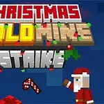 Text pixelat cu Christmas Gold Mine Strike decorat cu luminițe și Moș Crăciun în colțul drept jos