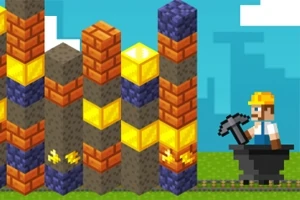 Personaj pixelat cu cască de protecție minerind blocuri colorate într-un peisaj stilizat