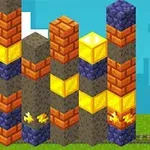 Personaj pixelat cu cască de protecție minerind blocuri colorate într-un peisaj stilizat