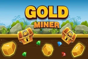 Textul Gold Miner deasupra unei scene cu cufere de comori și pietre prețioase îngropate în pământ