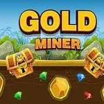 Textul Gold Miner deasupra unei scene cu cufere de comori și pietre prețioase îngropate în pământ