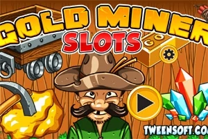 Miner vesel cu pălărie, așezat pe un fundal colorat cu un cărucior de mină, pepite de aur și cristale strălucitoare, lângă textul Gold Miner Slots
