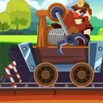 Un miner animat operează un vehicul cu roți pe șine, într-un peisaj de dealuri și copaci