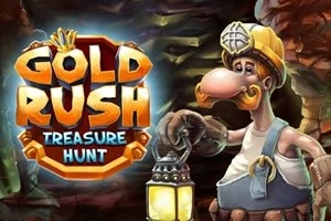 Miner caricatural ținând o lanternă, cu un fundal de mină și titlul Gold Rush Treasure Hunt