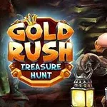 Miner caricatural ținând o lanternă, cu un fundal de mină și titlul Gold Rush Treasure Hunt