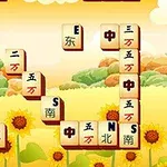 Piese de joc cu caractere chinezești așezate pe un fundal cu floarea-soarelui și cer senin