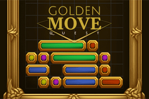 Elemente grafice colorate în dreptunghiuri și hexagoane pe un fundal negru cu textul Golden Move Quest deasupra