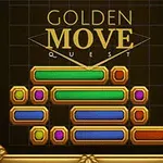 Elemente grafice colorate în dreptunghiuri și hexagoane pe un fundal negru cu textul Golden Move Quest deasupra
